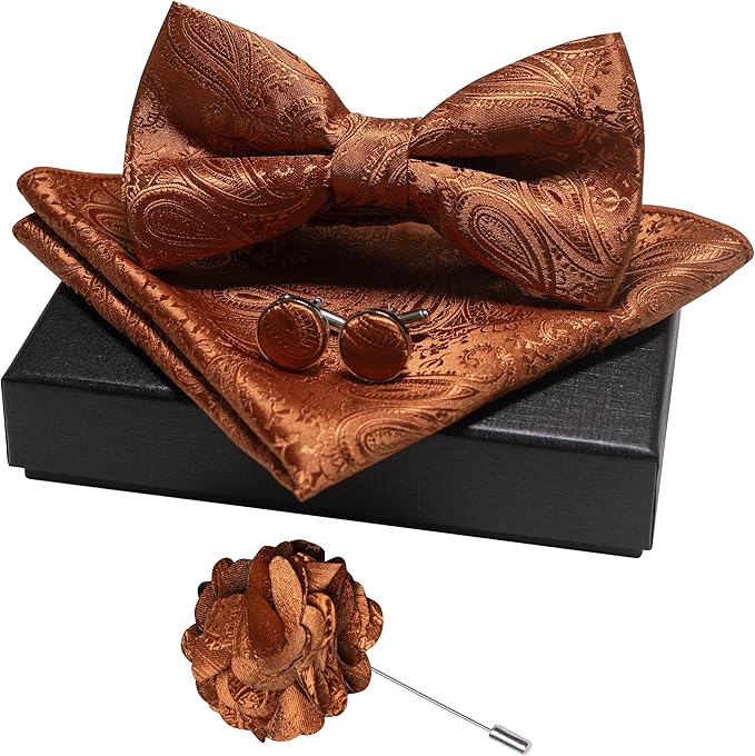 JEMYGINS Mens Paisley Bow Tie and Lapel Pin Necktie Pocket Square and Tie Clip with Sets for Business Casual 4PCS