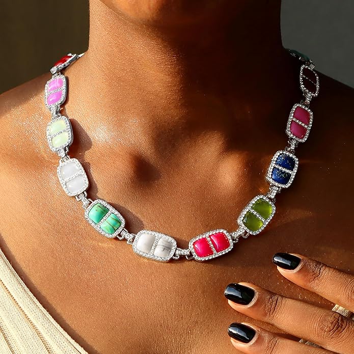 Chunky Necklace for Women 12 Colors Diamond Stone Gold Statement Necklace for Women Full Trendy Blue Birthstone Choker Necklace for Women Square Design Necklace Jewelry