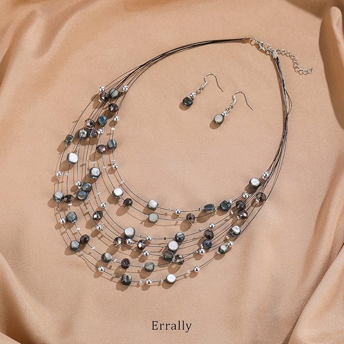 Multi-Layer Boho Shell Beaded Necklace for Women Colorful Crystal Strand with Silver Beads Statement Collars Necklace and Earrings Costumes Jewelry Sets for Women