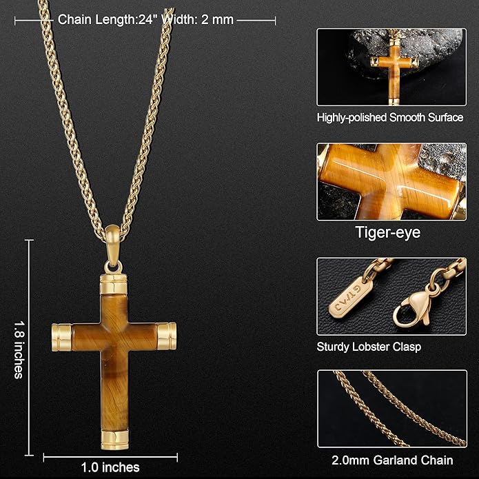 GTMJ Cross Necklace for Men -Stainless Steel & Gemstone Adjustable Box Chain 24-26in, Spiritual Jewelry Gift for Him, Everyday Wear