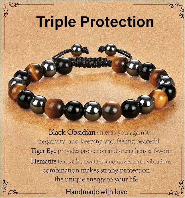 Triple Protection Bracelet for Men, Mens Black Obsidian Hematite Tiger Eye Beaded Natural Stone Evil Eye Bracelet Jewelry Gifts for Birthday Christmas