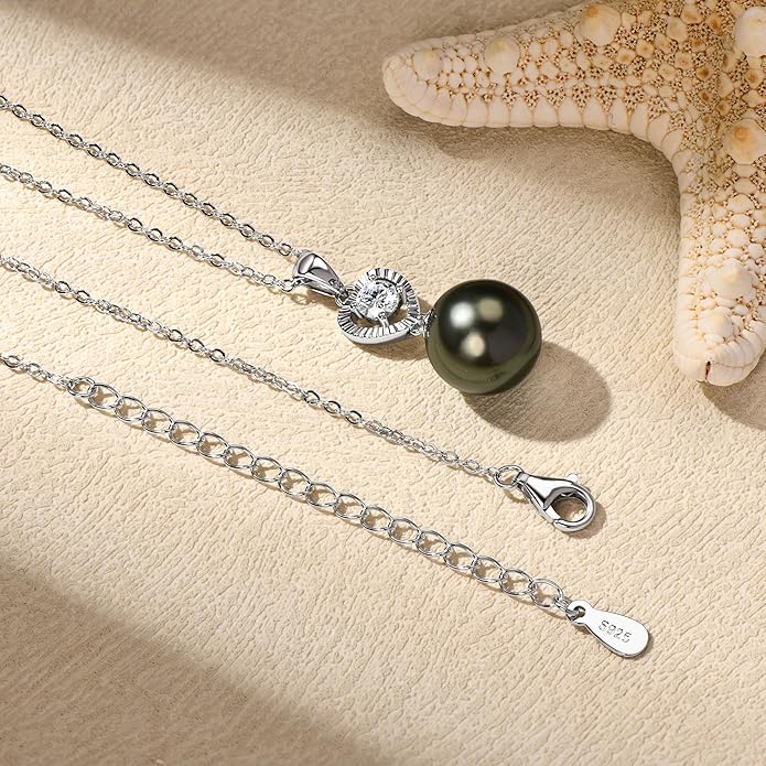 Tahitian Black Pearl Necklaces for Women, 925 Sterling Silver Pearl Pendant Necklace, Birthday Anniversary Jewelry Gifts for Wife Mom