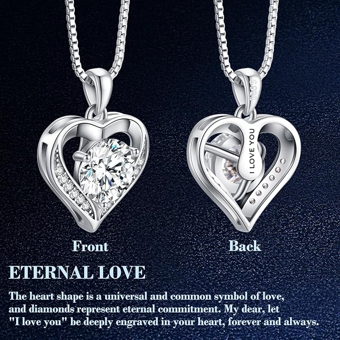 Moissanite Necklace for Women, 1-3 Carat Heart Necklace Engraved with 'I LOVE YOU', Birthday Gift for Wife, Anniversary Present for Wife Women, Jewelry Gifts for Christmas Valentine's Day