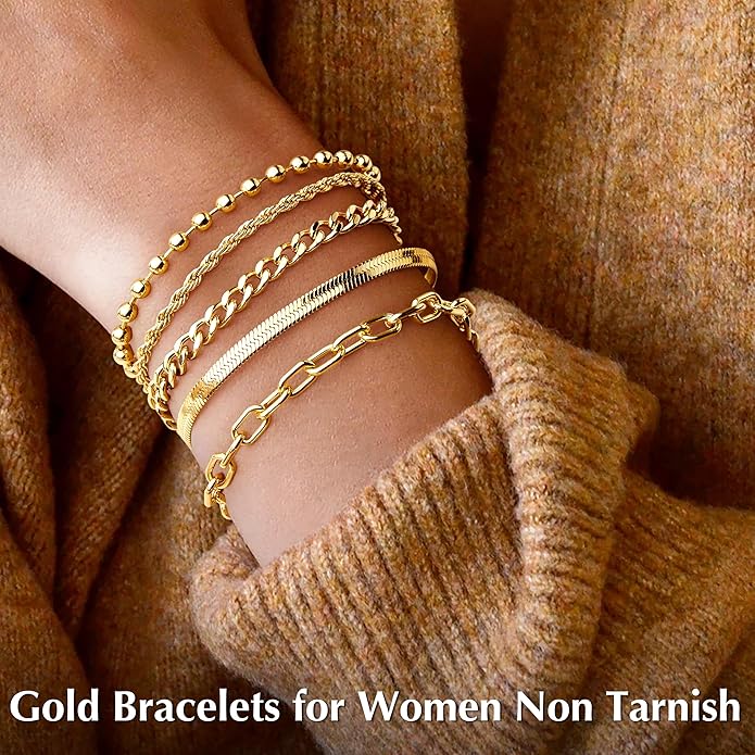 Gold Bracelets for Women Non Tainish,Dainty Bracelets Stack for Women Trendy, Gold Plated Cuff Bracelets Stack With Beaded Cuban Paperclip Snake Rope Bangle Hand Chain Jewelry Gifts for Women