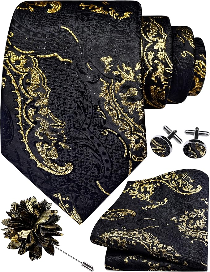 GUSLESON 8cm Paisley Tie Set for Men Necktie Lapel Pin Pocket Square Cufflinks Set for Men