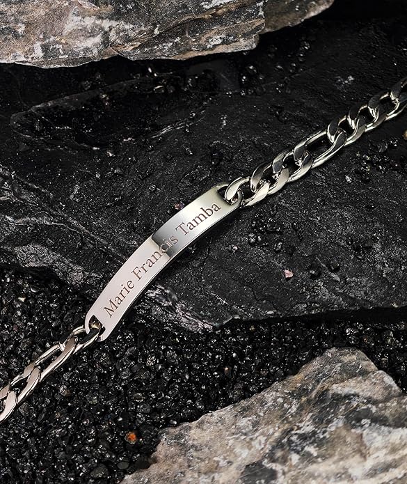 Personalized Sterling Silver/Stainless Steel Bar ID Bracelet - Custom Engraved Inspirational Words, Dates or Names- Adjustable - Gift Box Included - Elegant Jewelry for Anniversary, Birthday, Weddings