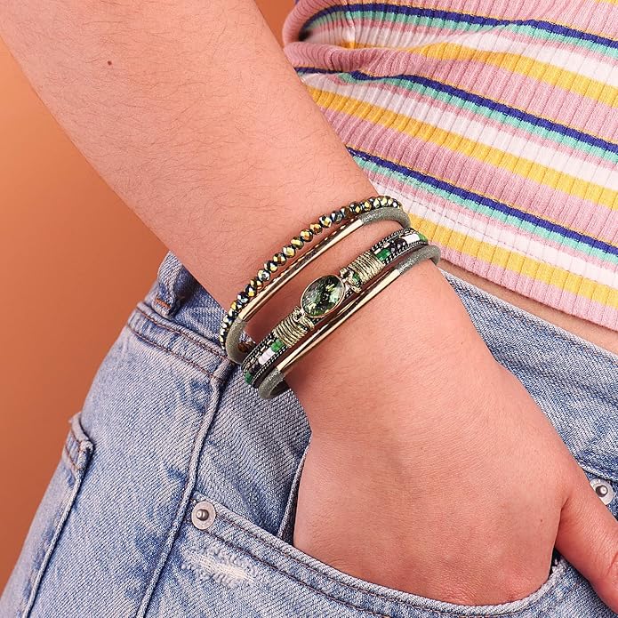 FANCY SHINY Leather Wrap Bracelets Crystal Beads Bracelet Boho Cuff Stone Charm Bracelets with Clasp Costume Jewelry for Women