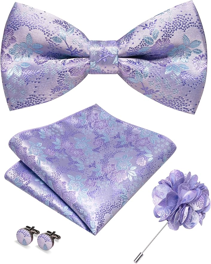 JEMYGINS Floral Pre-tied Bow Tie and Pocket Square Cufflinks Lapel Pin Sets for Men 4PCS