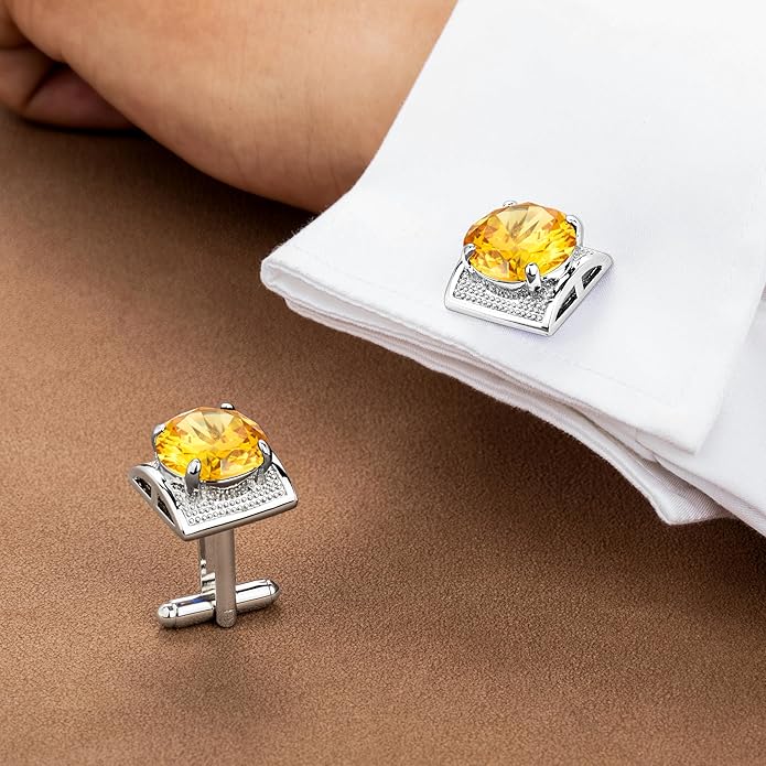 HAWSON Large Silver Birthstone Cuff Links Mens, Colorful Gem Cufflinks for Shirt Suit Accessories, Birthday Anniversary Wedding Gifts for Groommens Husband Father