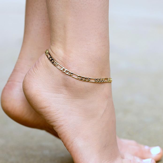 LIFETIME JEWELRY Womens Gold Anklet 5mm Figaro Chain Ankle Bracelet 24k Real Gold Plated