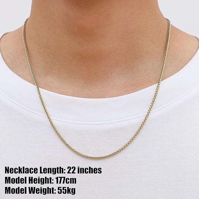 Fiusem Wheat Chains for Men and Women, 2/2.5/3/4/5mm Silver Tone/14K Gold Plated/Black Necklace Chain, Stainless Steel Mens Necklace 16-28 Inch