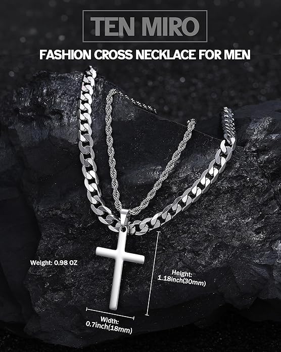TEN MIRO Silver/Black Cross Necklace for Men Boy Stainless Steel Cross Pendant Necklace for Men Christian Religious Jewelry with Box & Card Birthday Anniversary Christmas Father's Day Gifts for Him