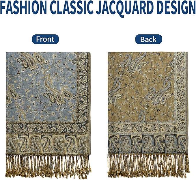 QIUTIMIY Paisley Pashmina Shawl Wrap Women Reversible Vintage Jacquard Pashmina Rave Scarf with Fringe for Evening, Wedding