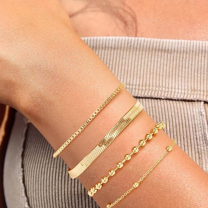 Gold Bracelets for Women Trendy,14K Gold Plated Dainty Stackable Paperclip Cuban Link Chain Bracelets, Simple Cute Cuff Bracelets Jewelry Set Adjustable 7"+2"