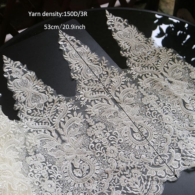 G-RUI 20.9inch*1yards Ivory White Luxury Beaded Embroidery Flower lace Appliques for Wedding Dresses Rhinestone Applique Patches Embroidery lace parches ropa