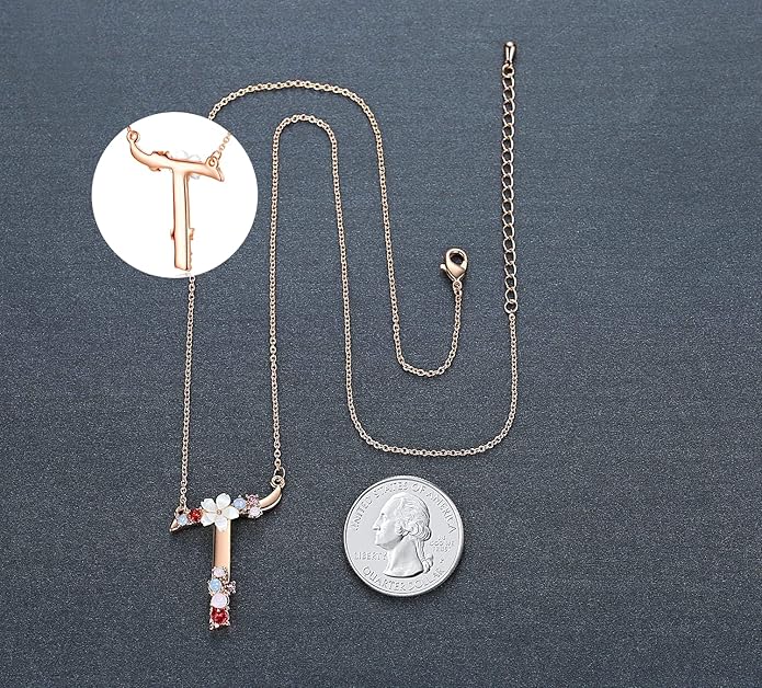 Flower Initial Letter Necklace Pink Red Blue Simulated Pearl Pendant Name Jewelry Made with Austrian Crystals Rose Gold Plated Anniversary Birthday Gifts for Women,18"+2"
