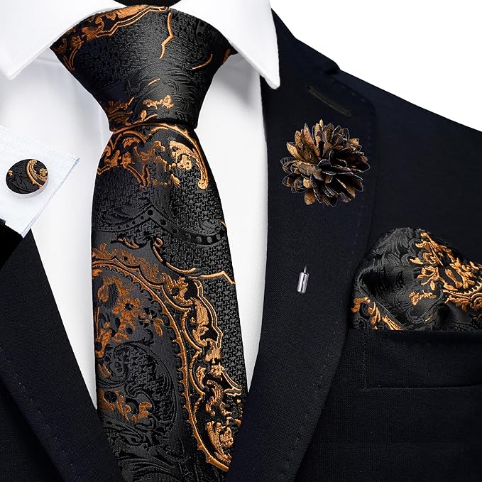 GUSLESON 8cm Paisley Tie Set for Men Necktie Lapel Pin Pocket Square Cufflinks Set for Men