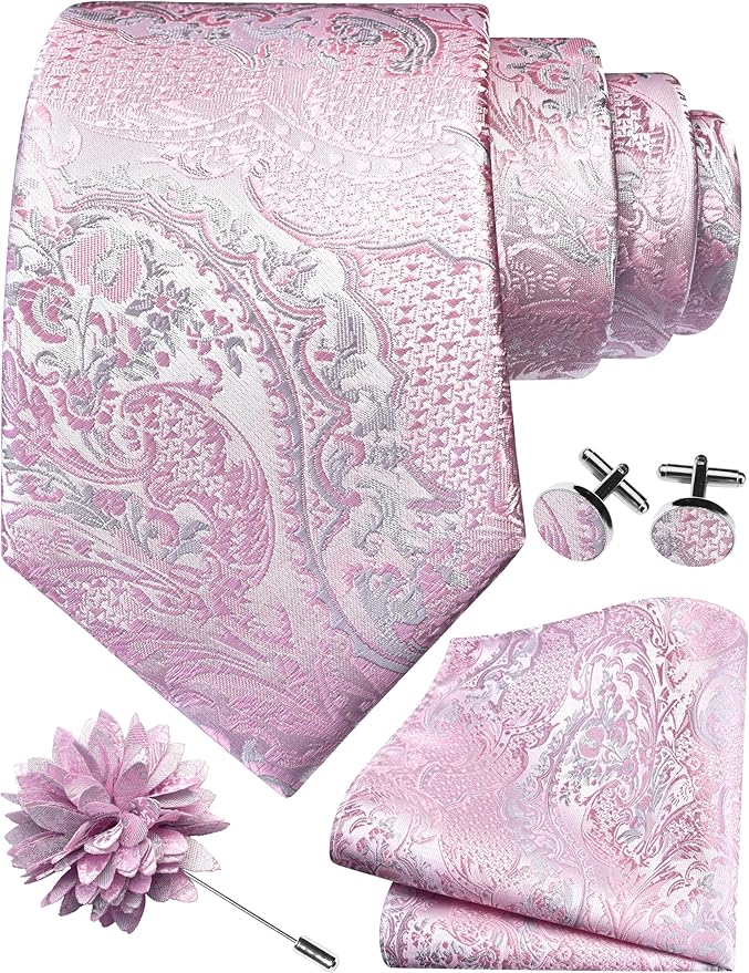 GUSLESON 8cm Paisley Tie Set for Men Necktie Lapel Pin Pocket Square Cufflinks Set for Men