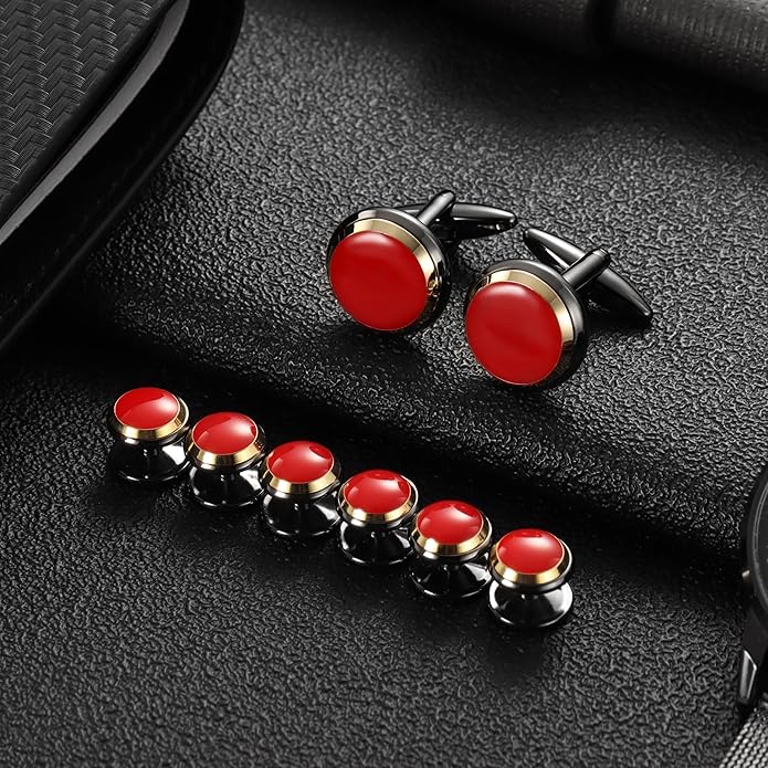 HAWSON Cufflinks and Studs for Men-Fashion Men Vintage Enamel Carbon Fiber Tuxedo Shirt Cufflinks and Studs Set for Regular Wedding Business Accessories
