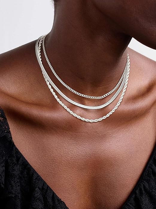 Gold/Silver Necklaces Stack For Women, 14K Gold/Sterling Silver Plated Layered Choker Necklace Set, Stackable Multilayer Simple Cuban Snake Paperclip Chain Set Jewelry Gift for Women