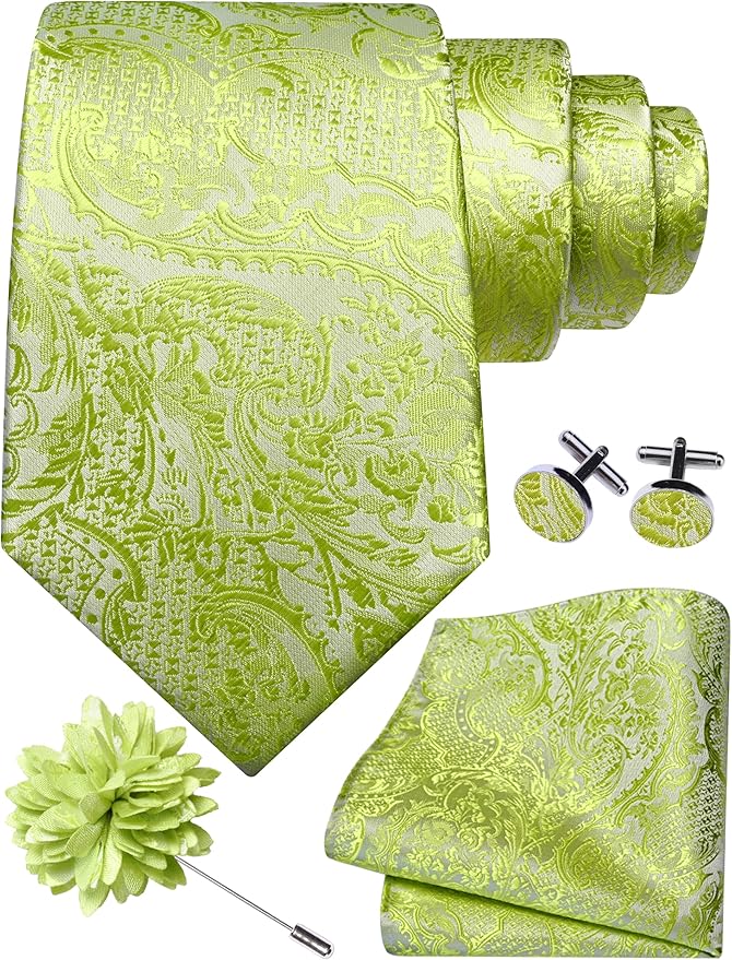 GUSLESON 8cm Paisley Tie Set for Men Necktie Lapel Pin Pocket Square Cufflinks Set for Men