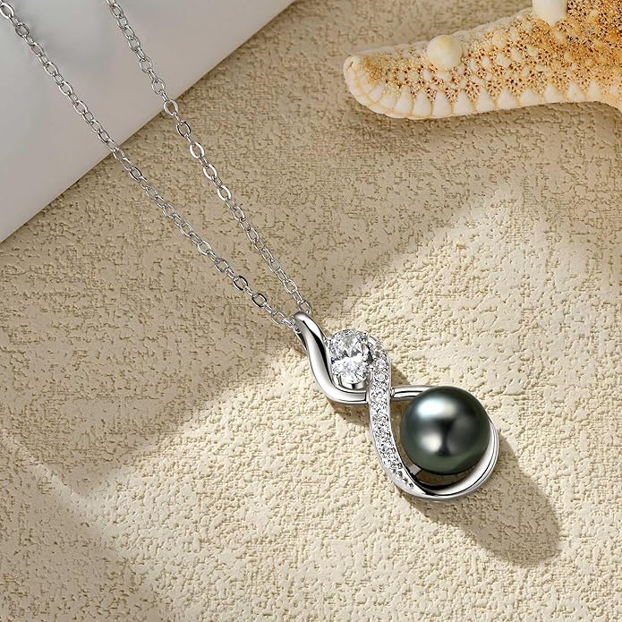 Tahitian Black Pearl Necklaces for Women, 925 Sterling Silver Pearl Pendant Necklace, Birthday Anniversary Jewelry Gifts for Wife Mom