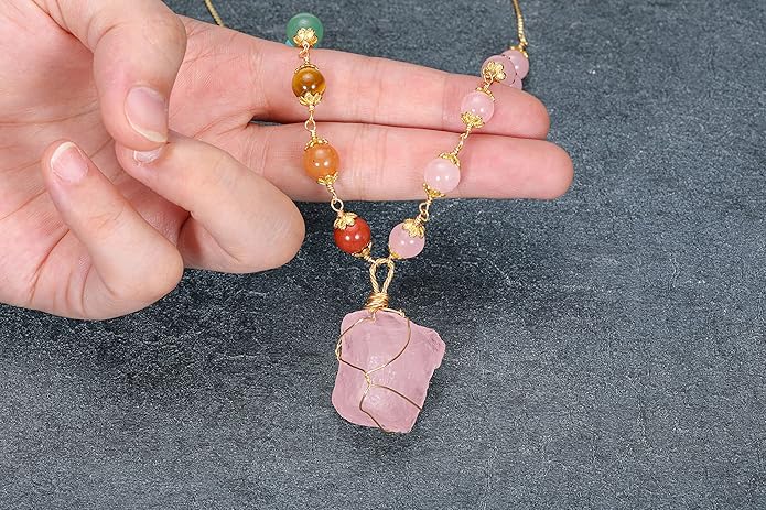 Jovivi Healing Stone Necklaces 7 Chakra Beads Necklace for Women Adjustable 14K Gold Plated Wire Wrapped Raw Quartz Crystal Pendant Necklace Gemstone Jewelry Mothers Day Gift