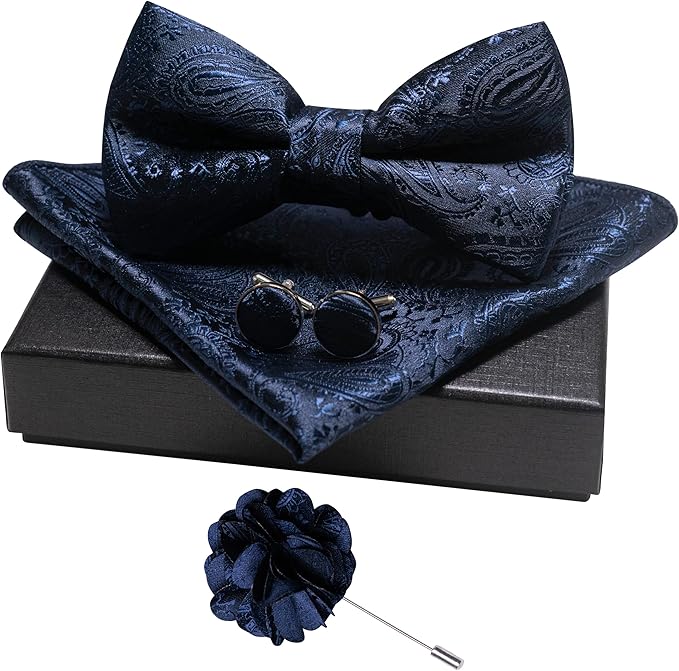 JEMYGINS Mens Paisley Bow Tie and Lapel Pin Necktie Pocket Square and Tie Clip with Sets for Business Casual 4PCS