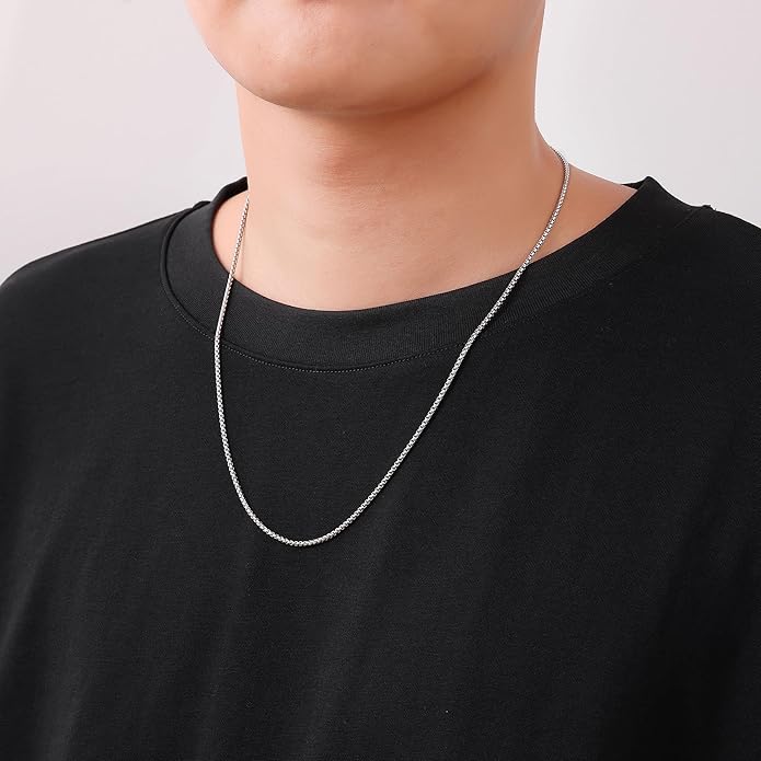 Fiusem Box Chain for Men, Silver Tone/14K Gold Plated/Black Stainless Steel Necklace for Men and Women, Width 2/2.5/3/4/5mm, Length 18-28 Inches