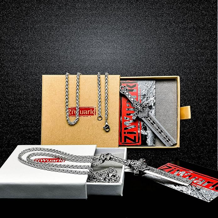 ZiWuark Mens Broken Sword Necklace Lion Head Knight Dragon Sword Pendant Viking Jewelry for Men Women