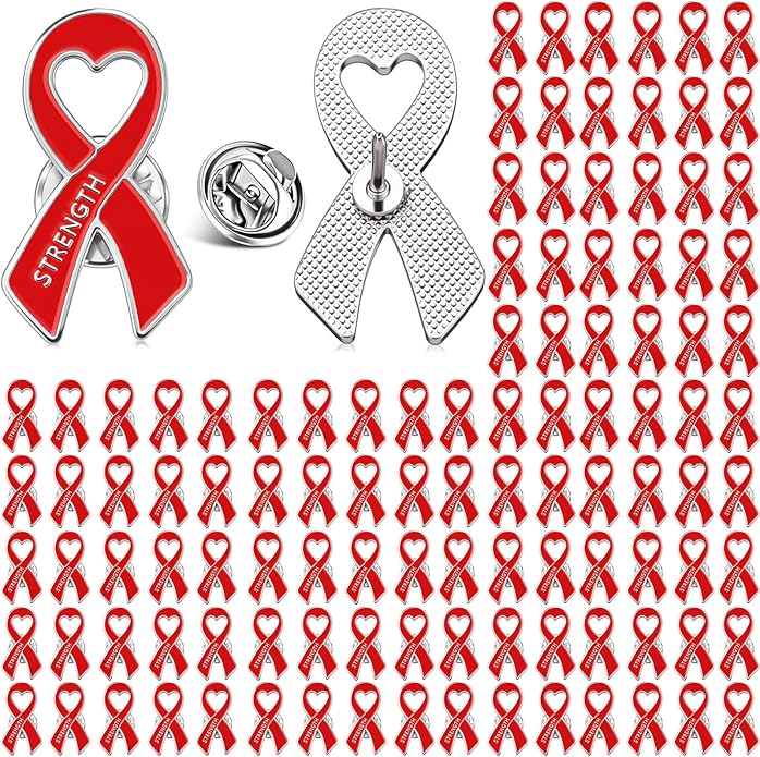 Tondiamo Red Ribbon Pins Bulk Heart Awareness Lapel Pins Heart Disease Brooches Hiv Aids Awareness Brooches for Doctors Charity Fundraising Red Ribbon Week Supplies