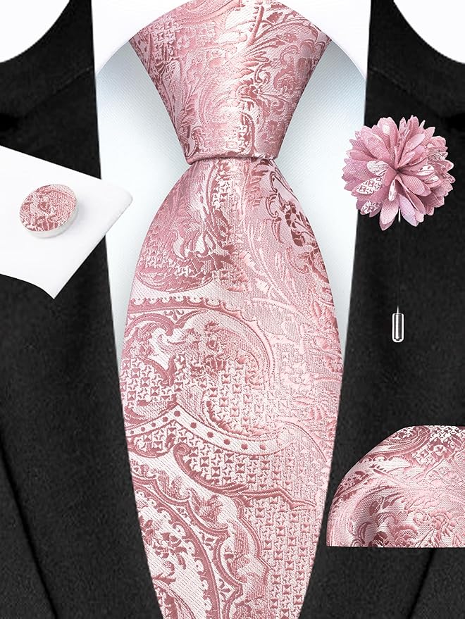 GUSLESON 8cm Paisley Tie Set for Men Necktie Lapel Pin Pocket Square Cufflinks Set for Men