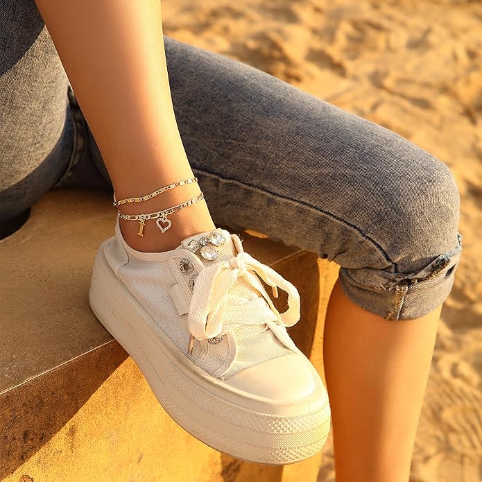 Initial Ankle Bracelets for Women Waterproof 14K Gold Plated Dainty Layered Figaro Chain Letter Initial CZ Heart Ankle Bracelets Set Summer Beach Jewelry for Women