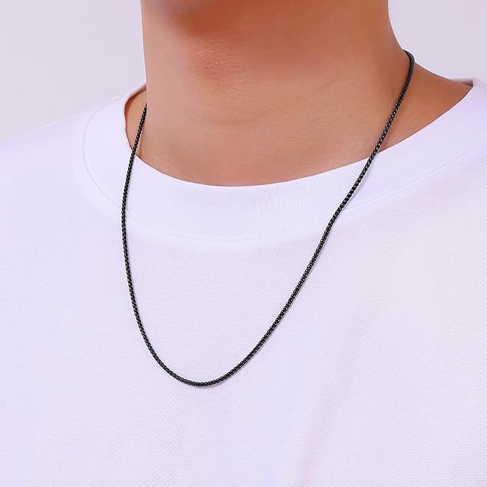 Fiusem Black Wheat Chains for Men and Women, 2/2.5/3/4/5mm Stainless Steel Necklace Chain, Mens Necklace Jewelry Gift 16-28 Inch