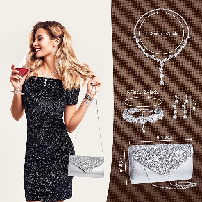 Henoyso 5 Pcs Purse Rhinestone Jewelry Set Prom Jewelry Rhinestone Clutch Purse Necklace Earrings Bracelets for Women Bride