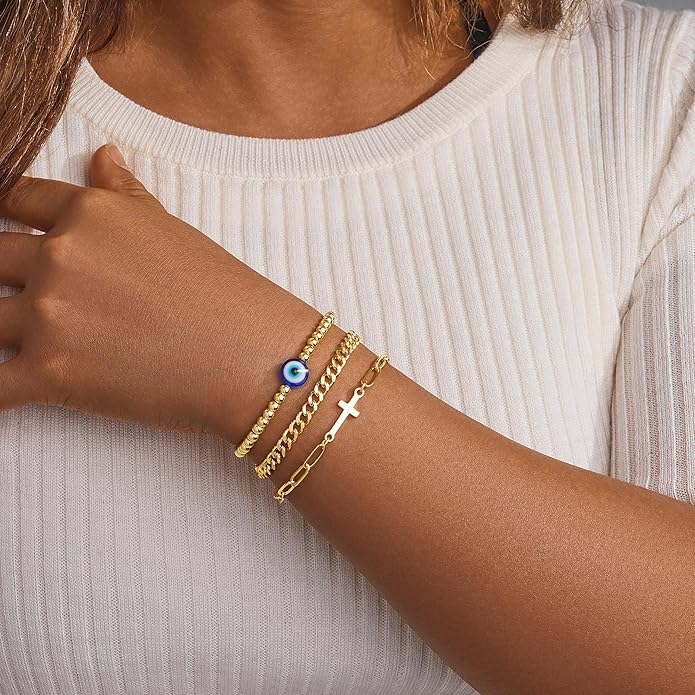 Gold Bracelets for Women Non Tainish,Dainty Bracelets Stack for Women Trendy, Gold Plated Cuff Bracelets Stack With Beaded Cuban Paperclip Snake Rope Bangle Hand Chain Jewelry Gifts for Women