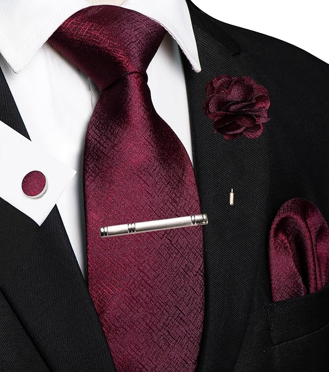 JEMYGINS Mens Tie and Pocket Square,Lapel Pin,Cufflinks,Tie Clip Sets with Gift Box 5PCS