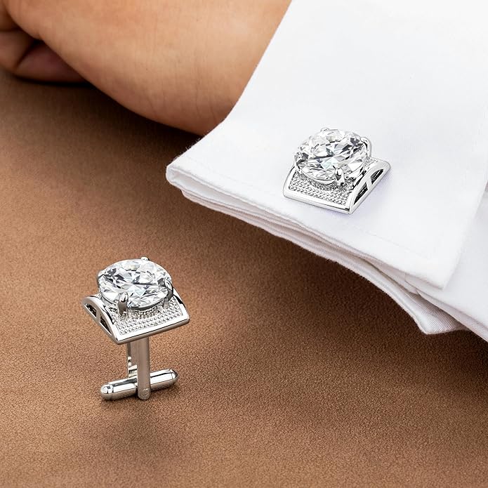 HAWSON Large Silver Birthstone Cuff Links Mens, Colorful Gem Cufflinks for Shirt Suit Accessories, Birthday Anniversary Wedding Gifts for Groommens Husband Father