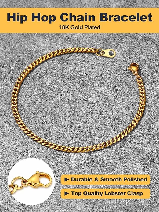 U7 Link Bracelets for Men, Cuban Link/Rope/Watch Band Solid Bracelet, Silver Black Gold Color Wrist Bracelet 3/6/9/12/15mm Width, 6.5/7.5/8.3 Inch Length, Hand Chain Jewelry for Mens Women