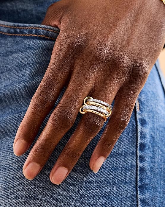 Gold Stackable Rings for Women, Non Tarnish 14K Gold Plated Cubic Zirconia Mixed Metals Stacking Connected Rings Set Jewelry Gifts