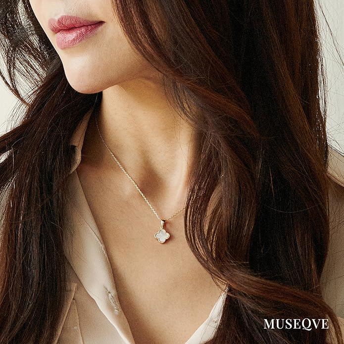 MUSEQVE Four Leaf Clover Necklace for Women Dainty Mother of Pearl White Black Onyx Pink Blue Mint Green Crystal Lucky Clover Pendant 14K Gold Plated Jewelry Gifts [CVRN]
