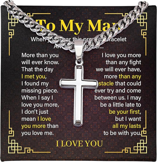 FLAGISTA To My Man Cross Necklace, Stainless Steel Cross Pendant with Adjustable Cuban Link Chain, Meaningful Gift for Him.