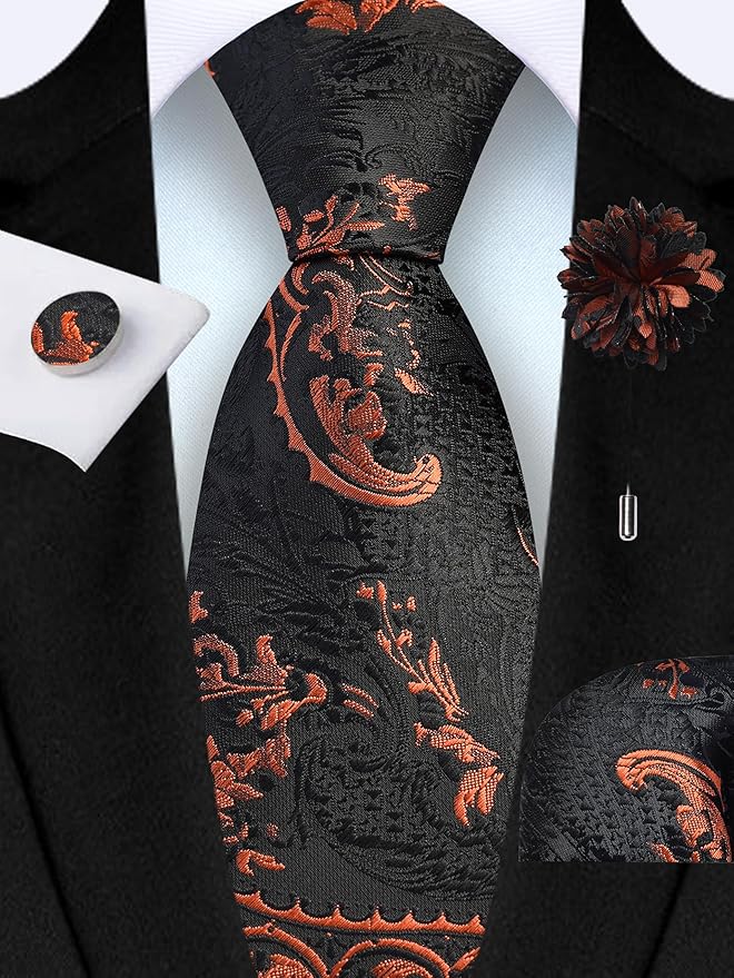 GUSLESON 8cm Paisley Tie Set for Men Necktie Lapel Pin Pocket Square Cufflinks Set for Men