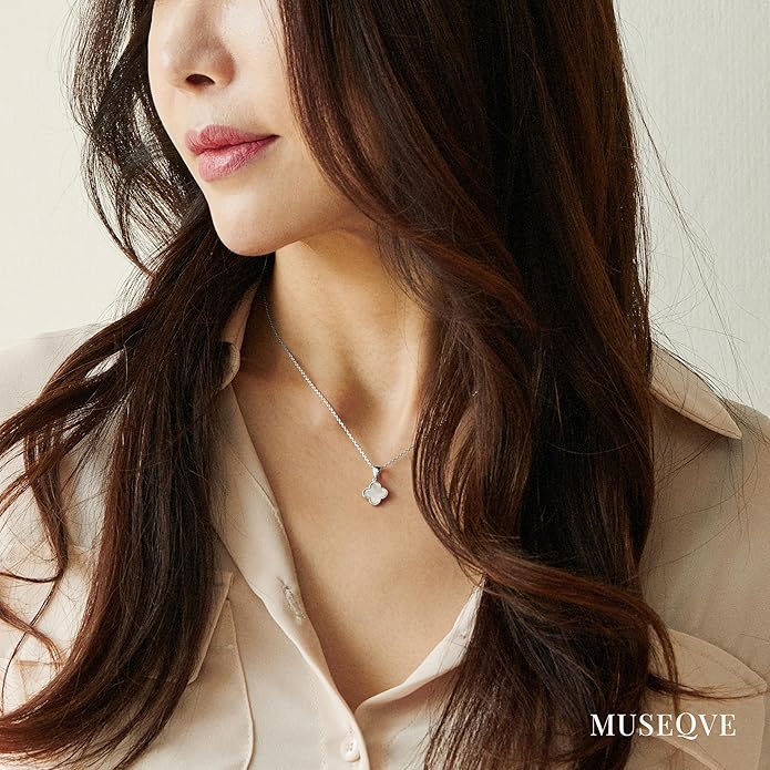 MUSEQVE Four Leaf Clover Necklace for Women Dainty Mother of Pearl White Black Onyx Pink Blue Mint Green Crystal Lucky Clover Pendant 14K Gold Plated Jewelry Gifts [CVRN]