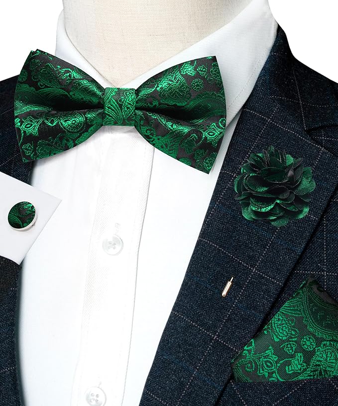 JEMYGINS Paisley Pre-tied Bow Tie and Pocket Square Cufflinks Lapel Pin Sets for Men 4PCS