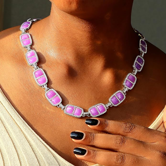 Chunky Necklace for Women 12 Colors Diamond Stone Gold Statement Necklace for Women Full Trendy Blue Birthstone Choker Necklace for Women Square Design Necklace Jewelry