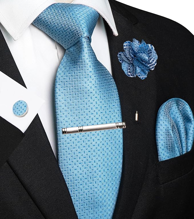 JEMYGINS Mens Tie and Pocket Square,Lapel Pin,Cufflinks,Tie Clip Sets with Gift Box 5PCS