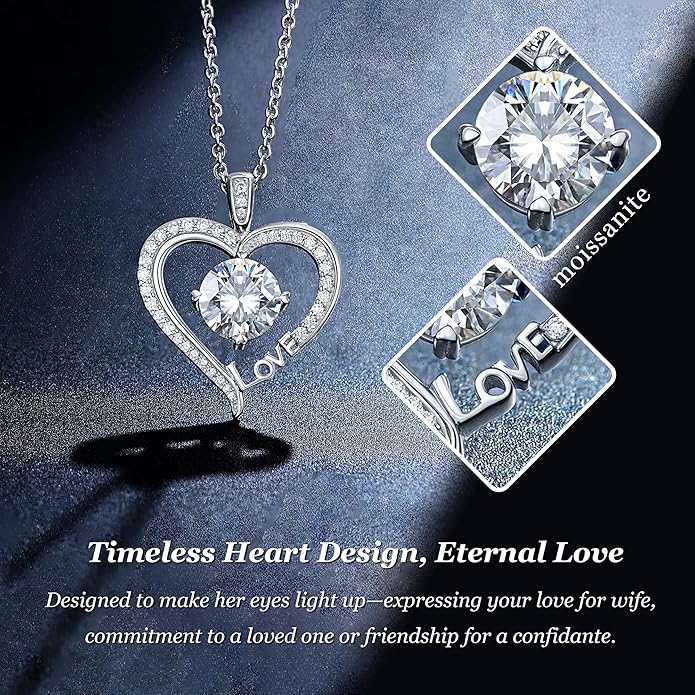 Moissanite Heart Necklaces for Women, Gifts for Wife, 1-3 Carat Moissanite 925 Sterling Silver Love Jewelry, Birthday Wedding Anniversary Christmas Engagements Gifts for Wife Women Her Girlfriend Mom