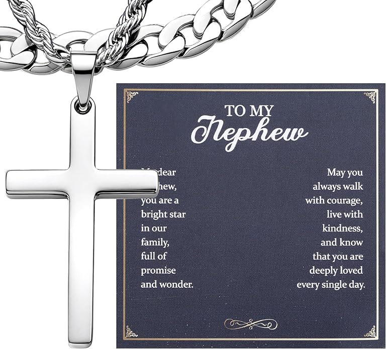 TEN MIRO Silver/Black Cross Necklace for Men Boy Stainless Steel Cross Pendant Necklace for Men Christian Religious Jewelry with Box & Card Birthday Anniversary Christmas Father's Day Gifts for Him