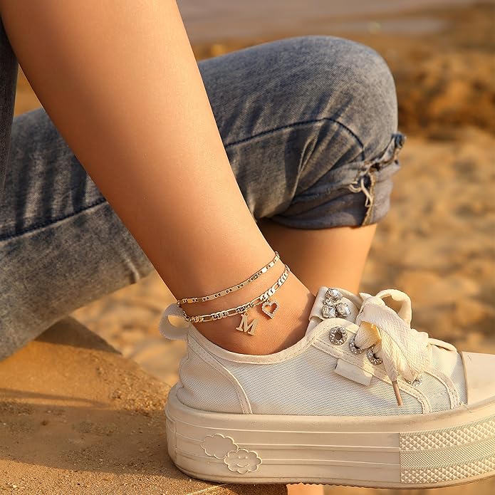 Initial Ankle Bracelets for Women Waterproof 14K Gold Plated Dainty Layered Figaro Chain Letter Initial CZ Heart Ankle Bracelets Set Summer Beach Jewelry for Women